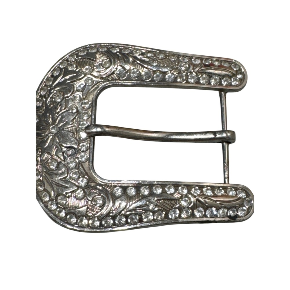 Women's silver-toned western belt buckle floral engraving rhinestone‎ accents